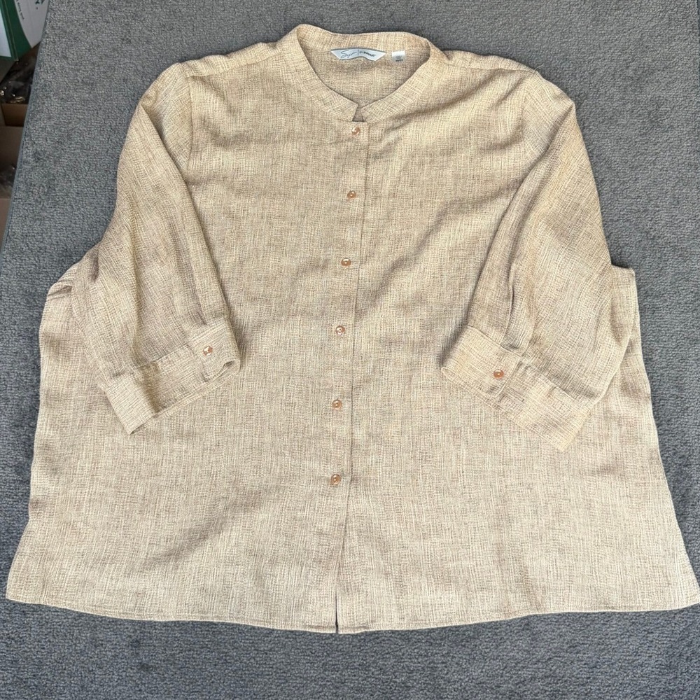 Soft by Avenue Tan Textured Mandarin Collar 3/4 Sleeve Blouse Plus Size 30/32